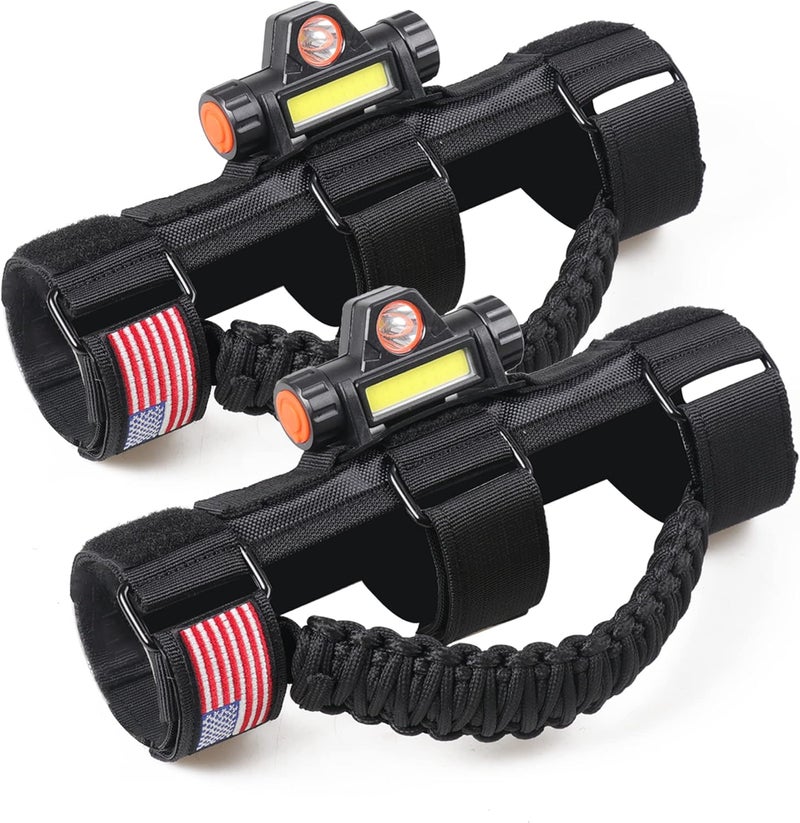 RERPRO Roll Bar Grab Handles with Dome Light for 1945-2025 Jeep Wrangler CJ YJ TJ JK JL Gladiator JT UTV Polaris RZR 2.0”-4.0” Roll Cage Paracord Grip Handle with Light Bar 2 Pack Black - Image 1